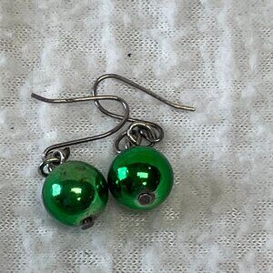 Sterling Silver 925 Hooks Dangle Earrings Green Metallic Christmas Balls